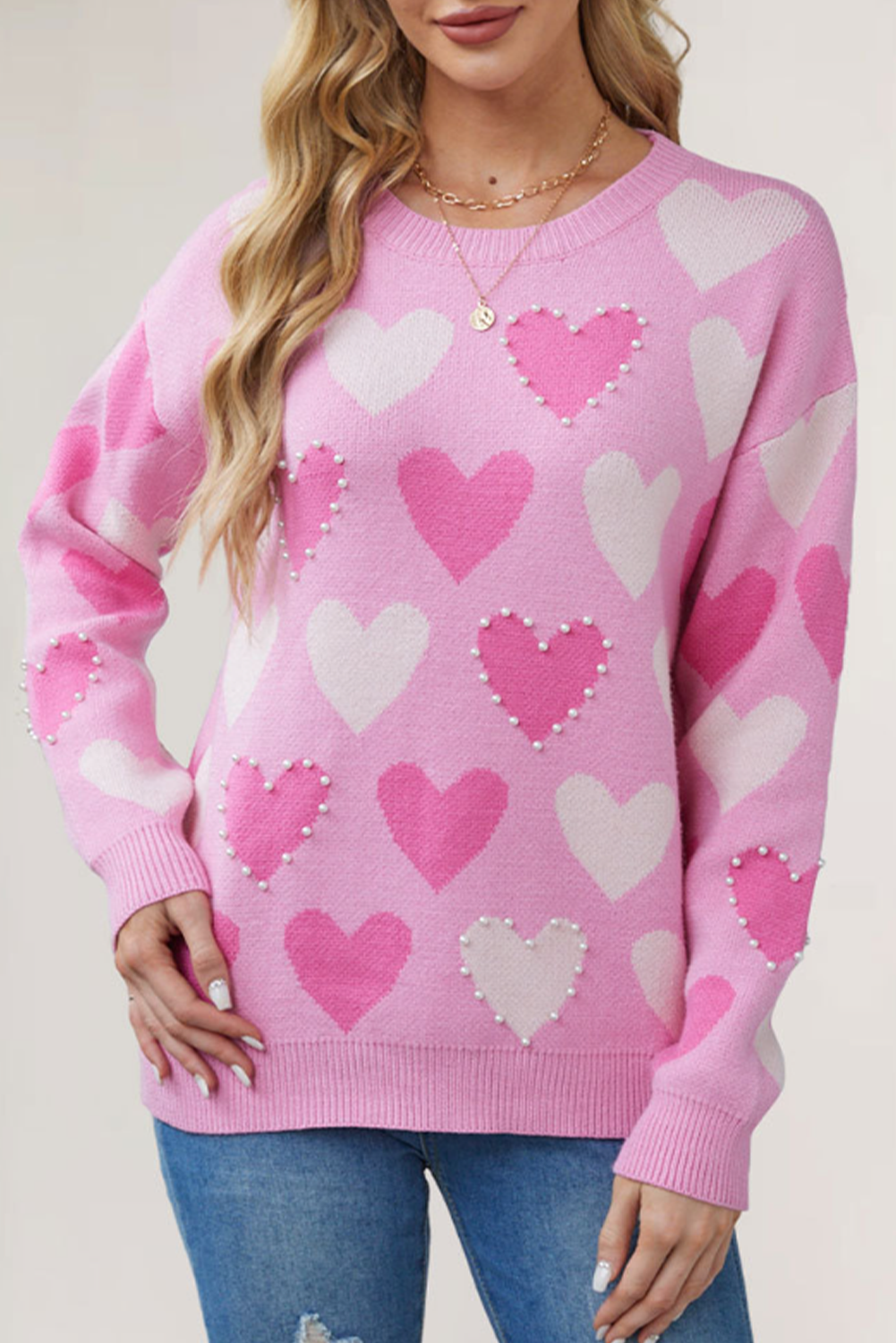 Pink Pearl Heart Graphic Round Neck Sweater