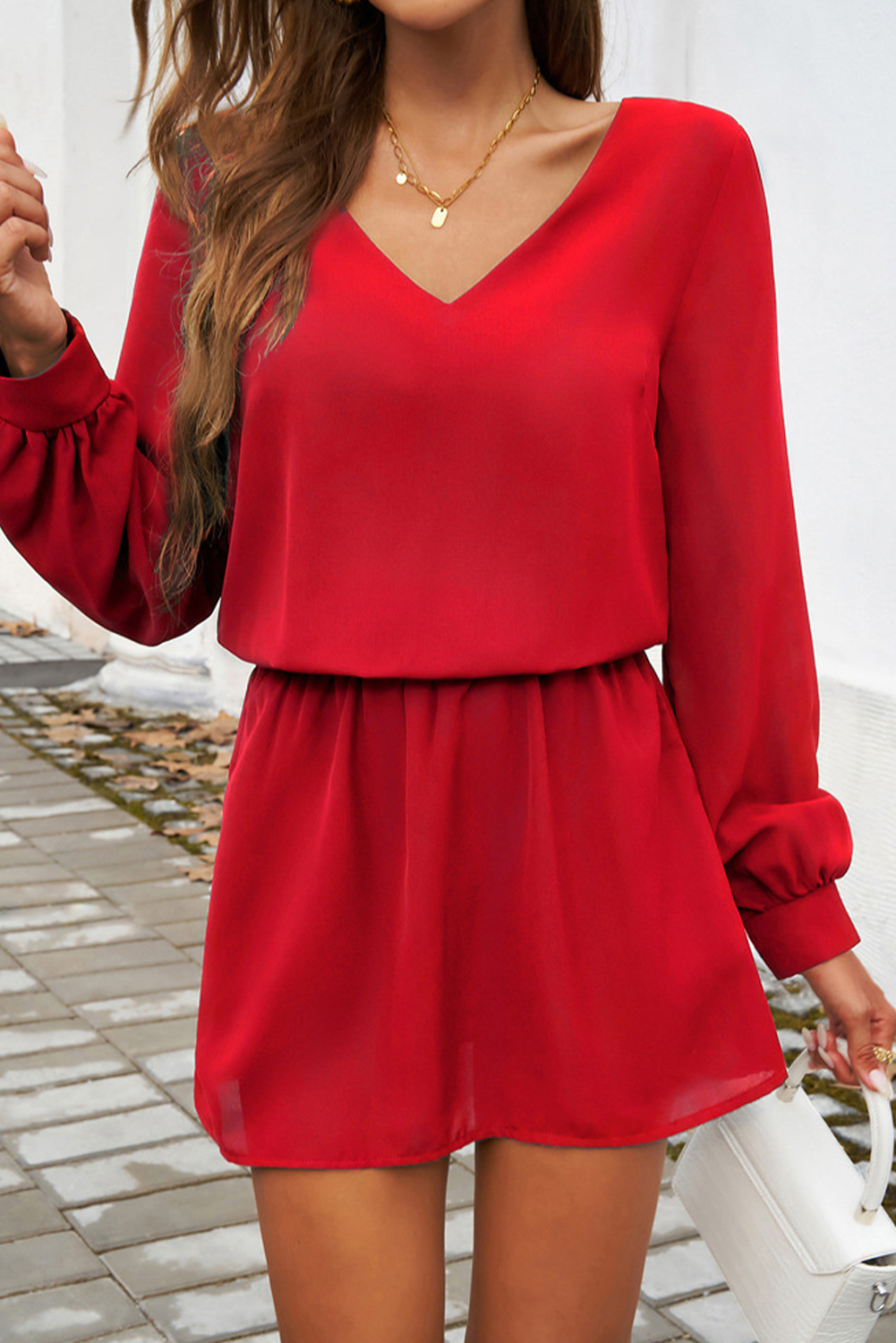 Long Sleeve V Neck Bubble Sleeve Dress