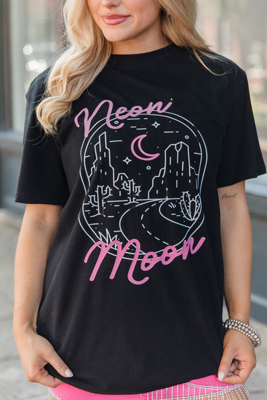 Tropical neon moon Letter Graphic Short Sleeve T Shirt