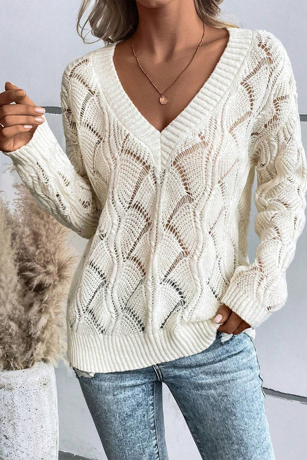 Knit Hollow Out V Neck Drop Shoulder Sweater