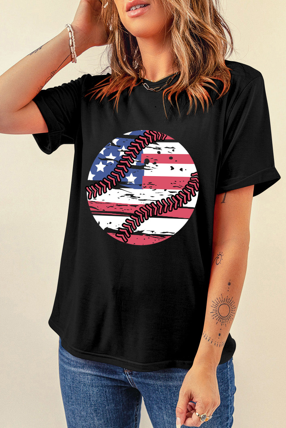 Black American Flag Baseball Graphic Crew Neck Tee