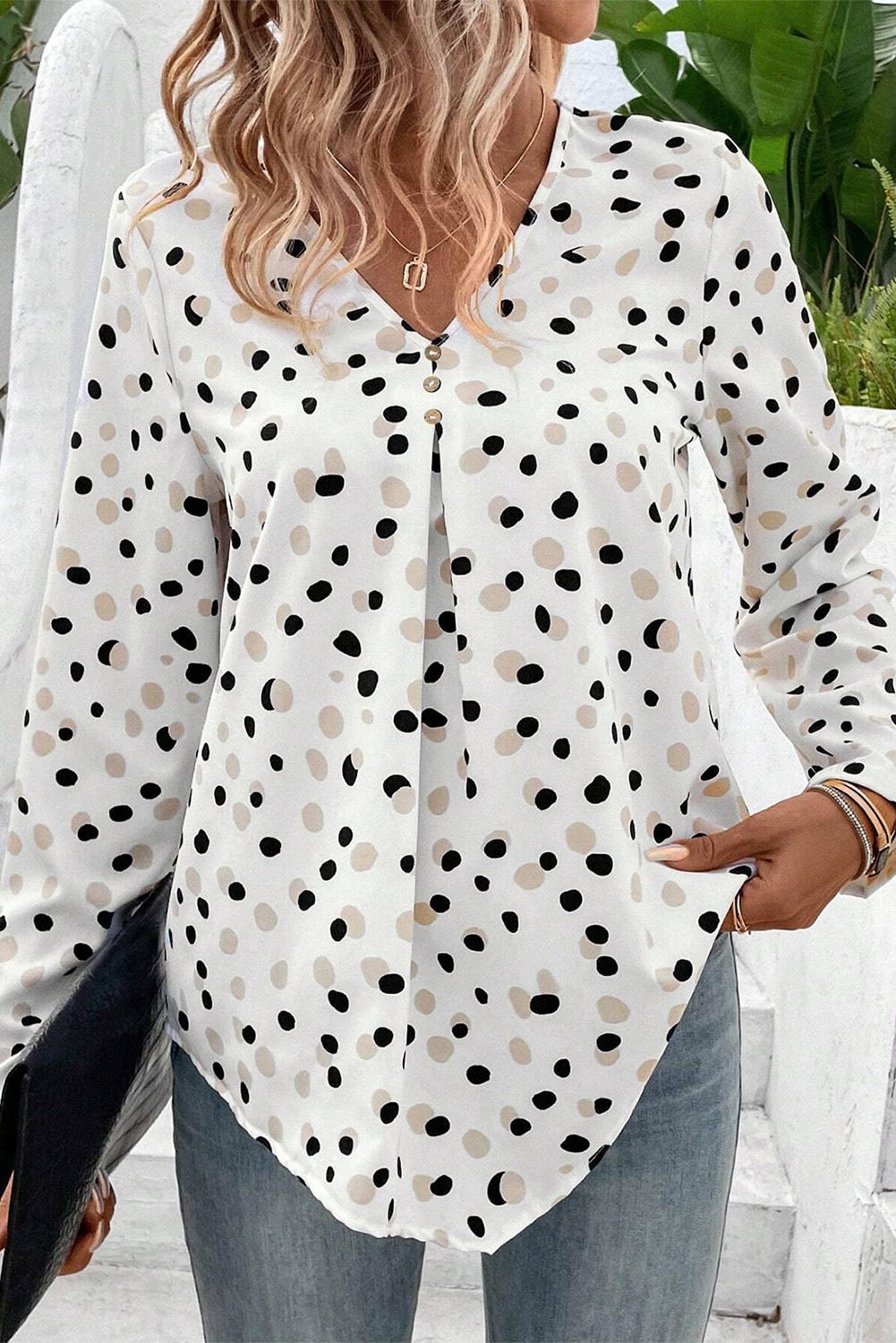 Dotted Print Button Front V Neck Blouse