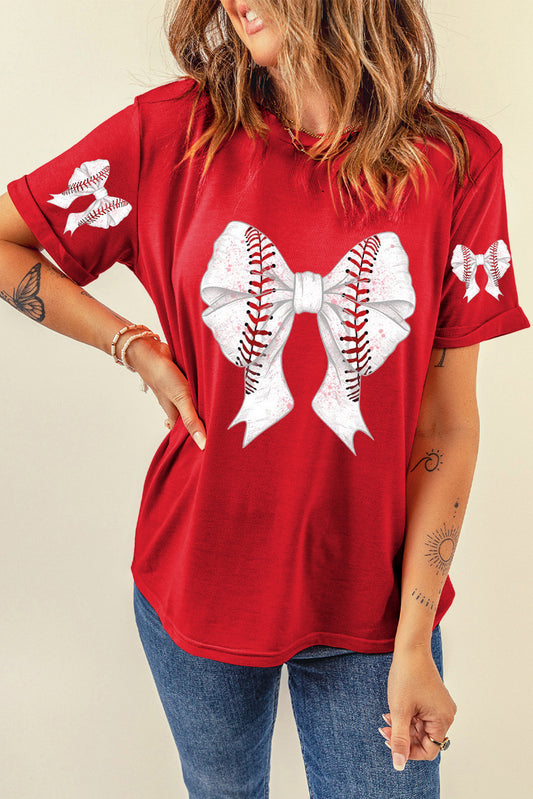 Red Bow Tie Baseball Print Graphic Tee