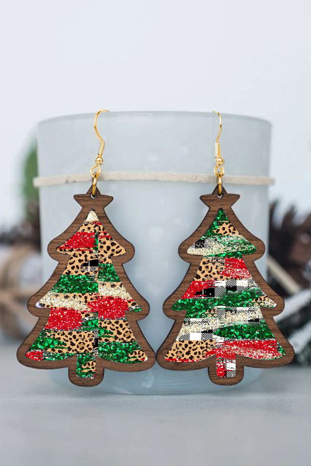 Fiery Red Shade Of Leopard Plaid Christmas Tree Earrings