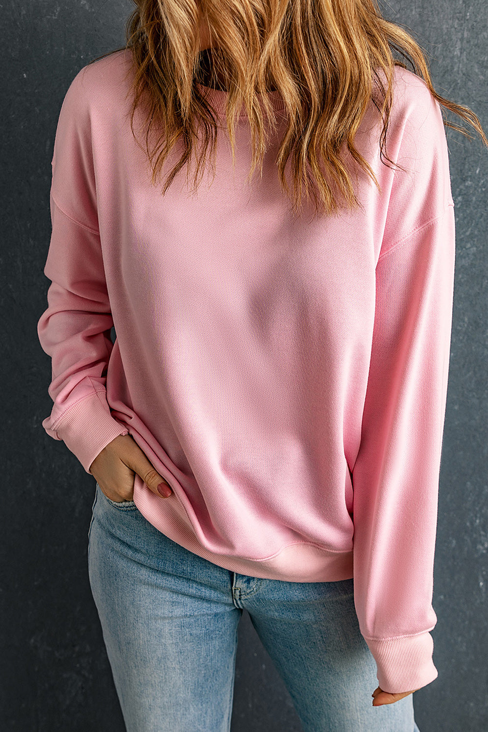 Pink Solid Classic Crewneck Pullover Sweatshirt