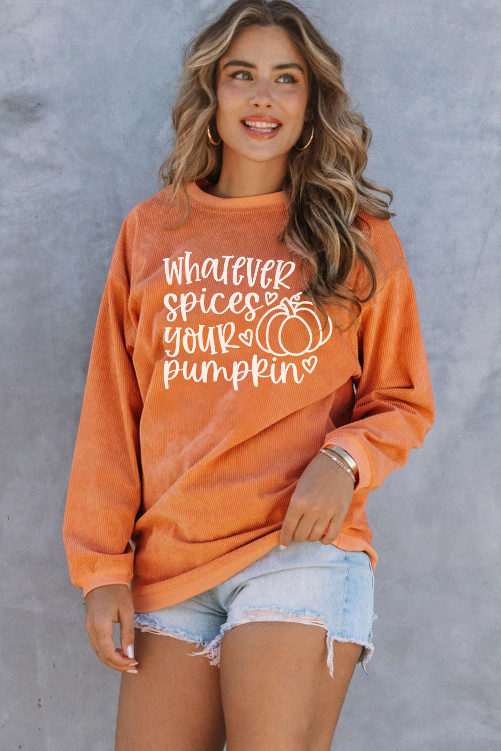 Pumpkin Letter Print Oversized Crinkle Rib Sweatshirt