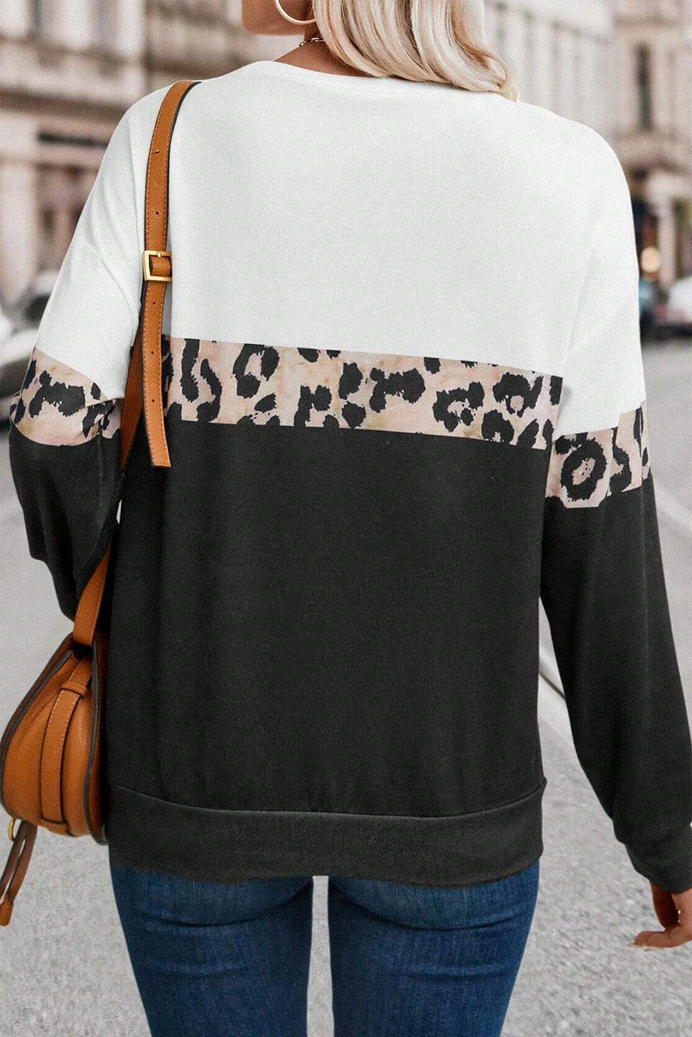 Leopard Colorblock Round Neck Long Sleeve Top