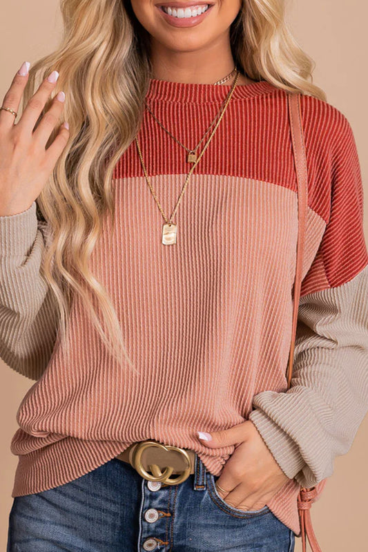 Ribbed Color Block Long Sleeve Top