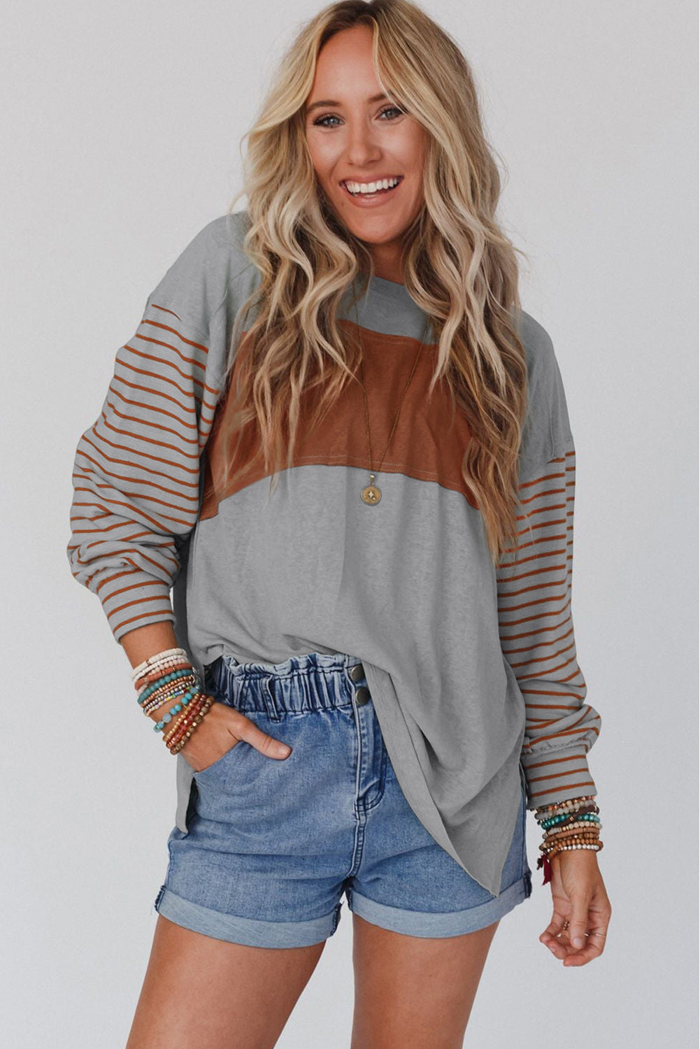 Colorblock Striped Bishop Sleeve Top