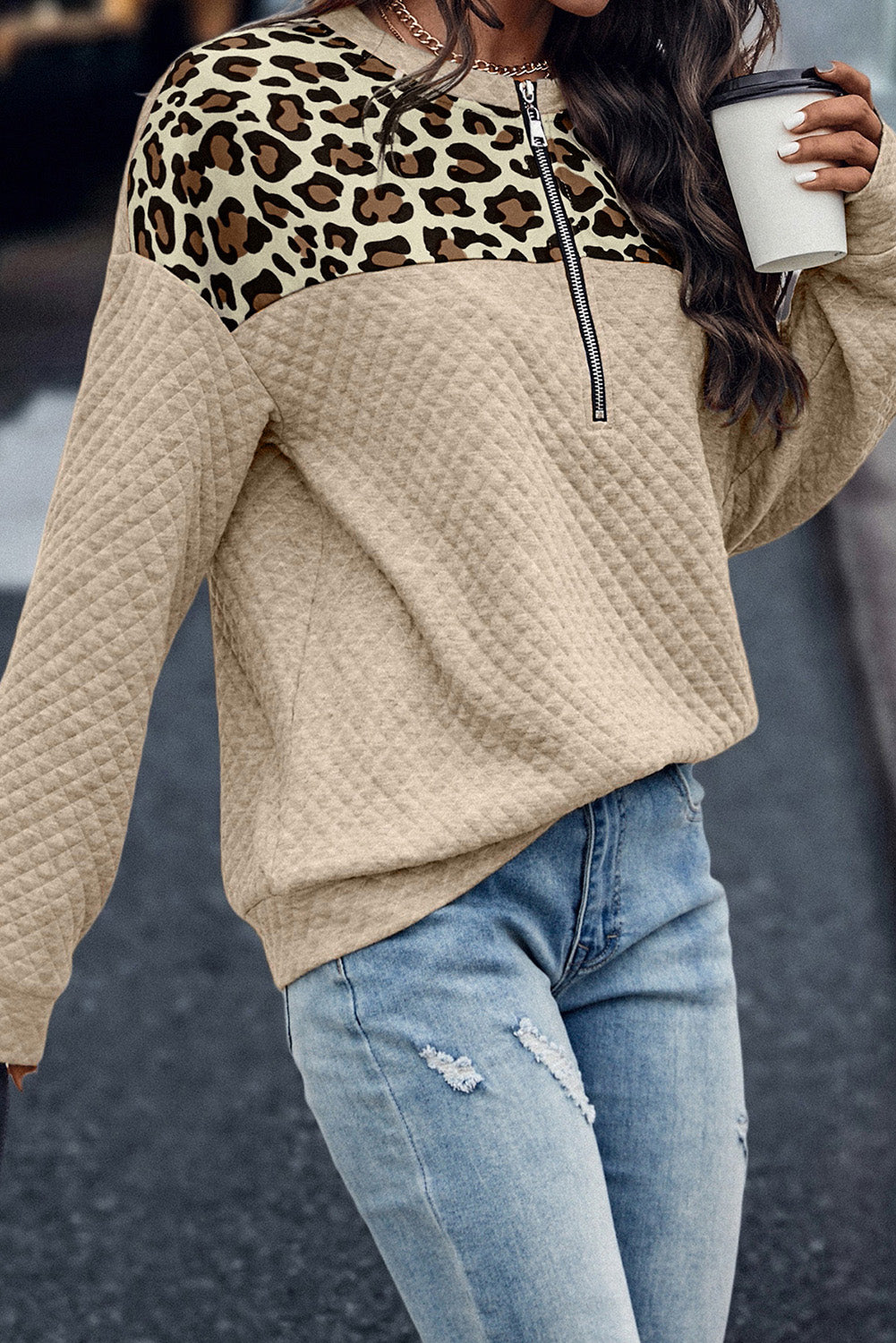 Leopard Quilted Drop Shoulder Half Zipped Sweatshirt