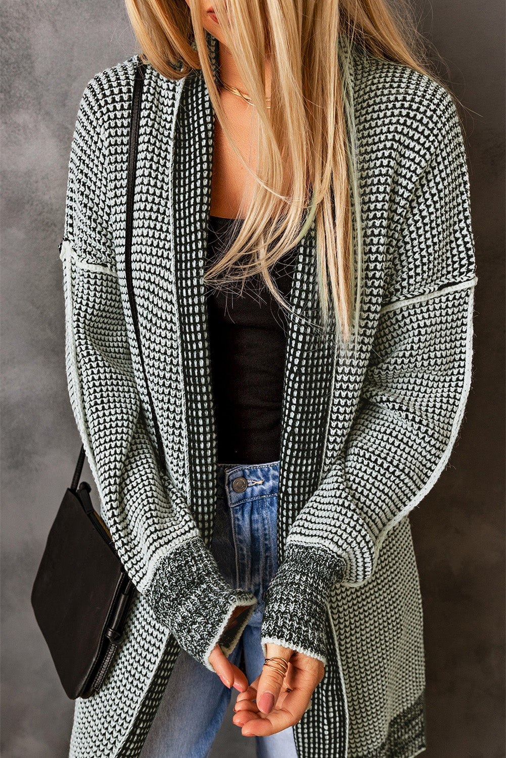 Plaid Casual Contrast Trim Knit Cardigan