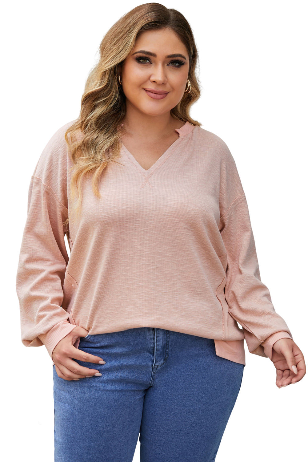 Pink Raw Cut Notched Neck Plus Size French Terry Top