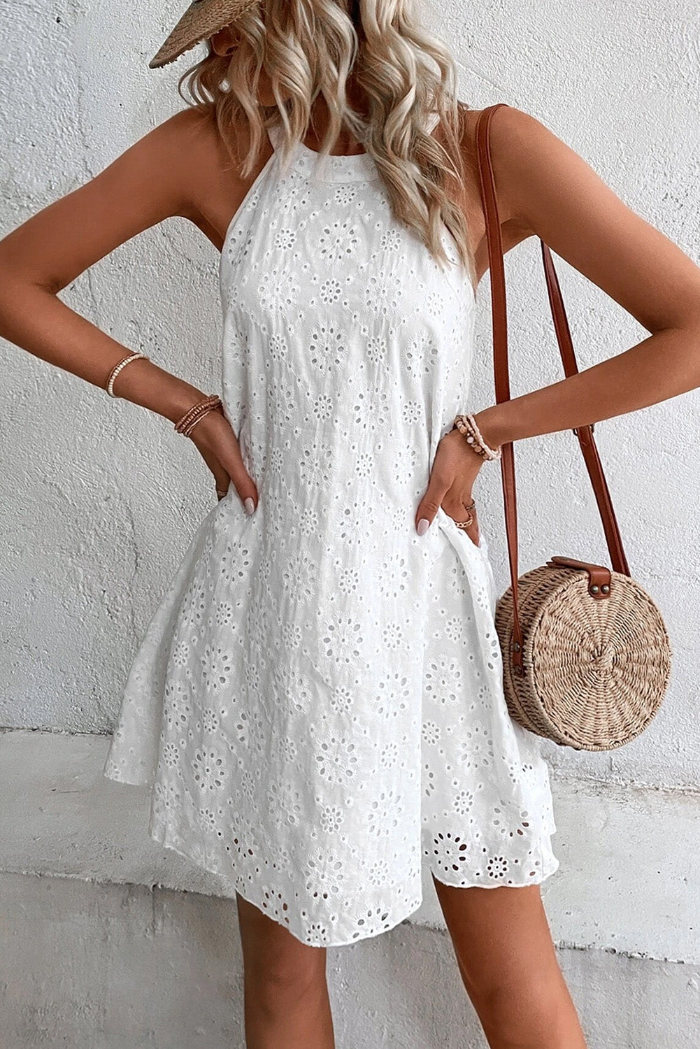 Boho Eyelet Pattern Halter Neck Sleeveless Dress