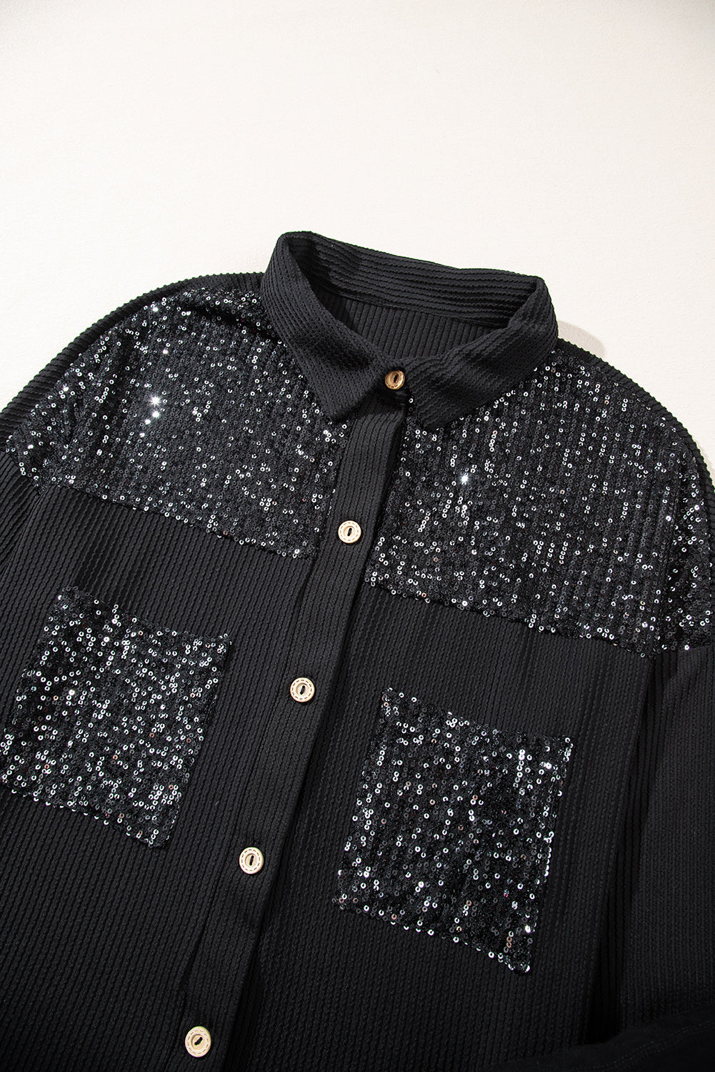 Sequin Patch Chest Pocket Corded Shacket