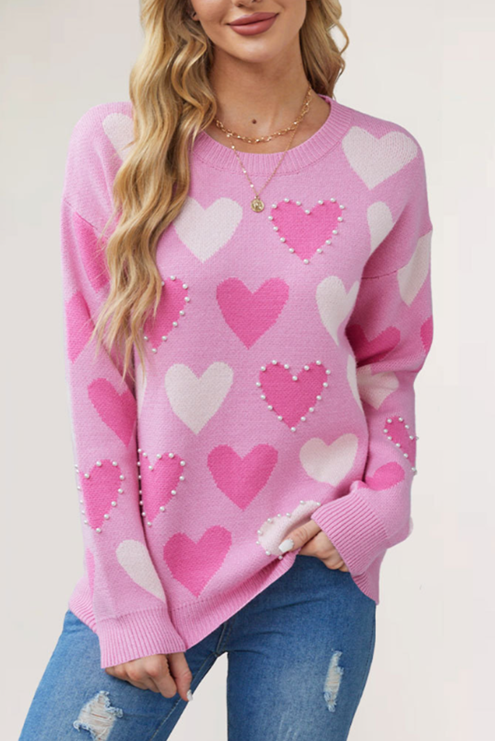 Pink Pearl Heart Graphic Round Neck Sweater