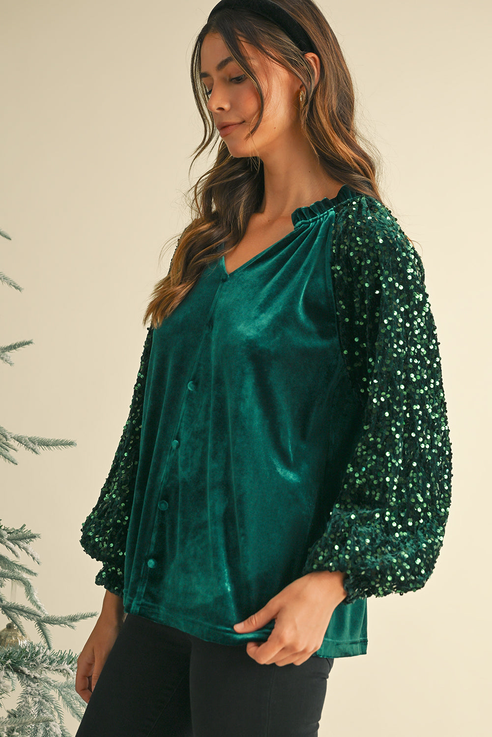 Dahlia Velvet Sequin Patchwork Sleeve Button Up Blouse