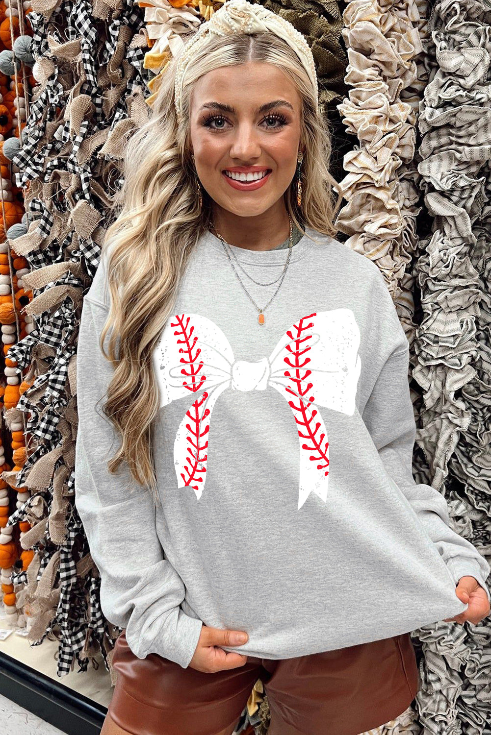 Gray Baseball Bow Knot Graphic Round Neck Sweatshirt