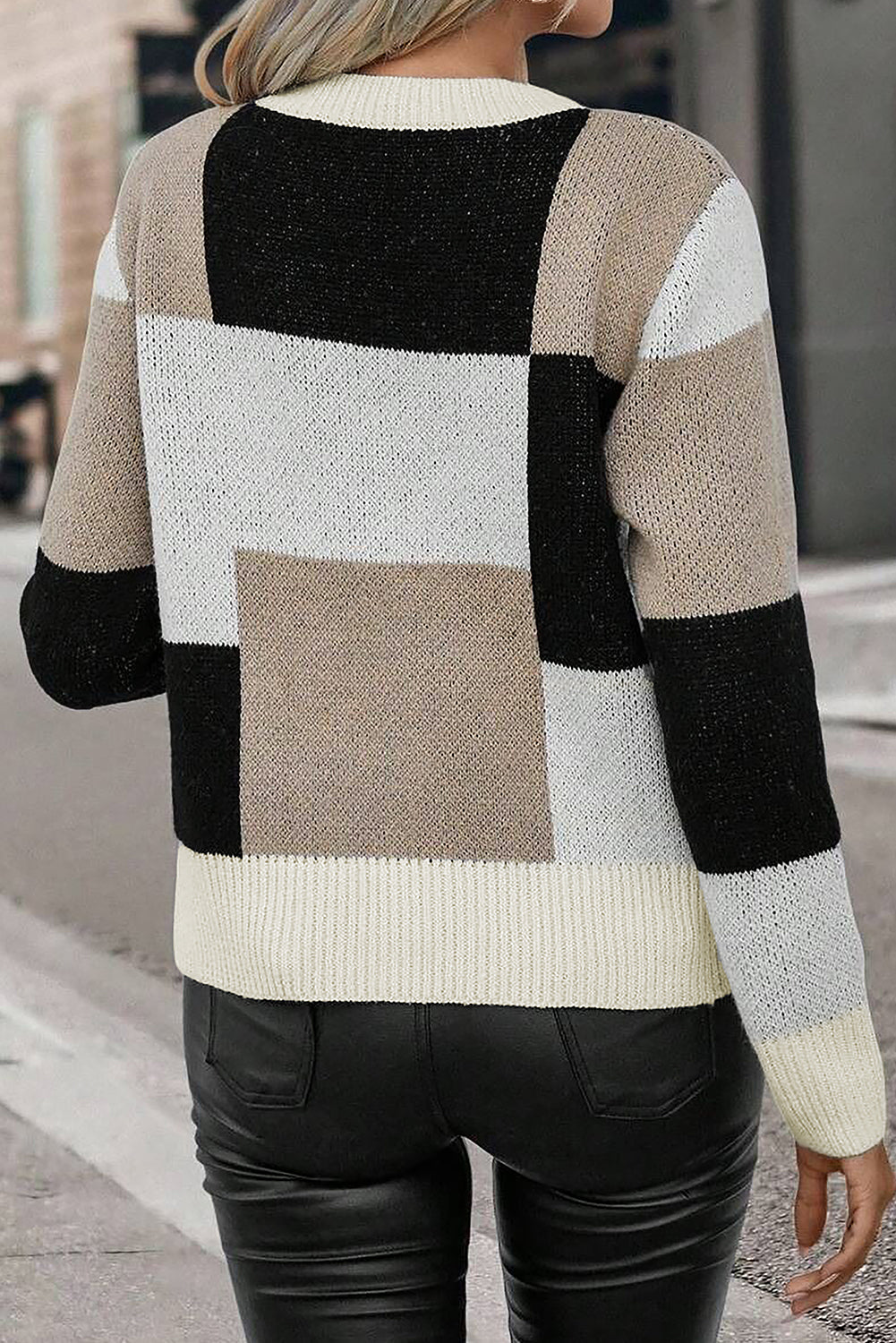 Checkered Colorblock Round Neck Knit Sweater