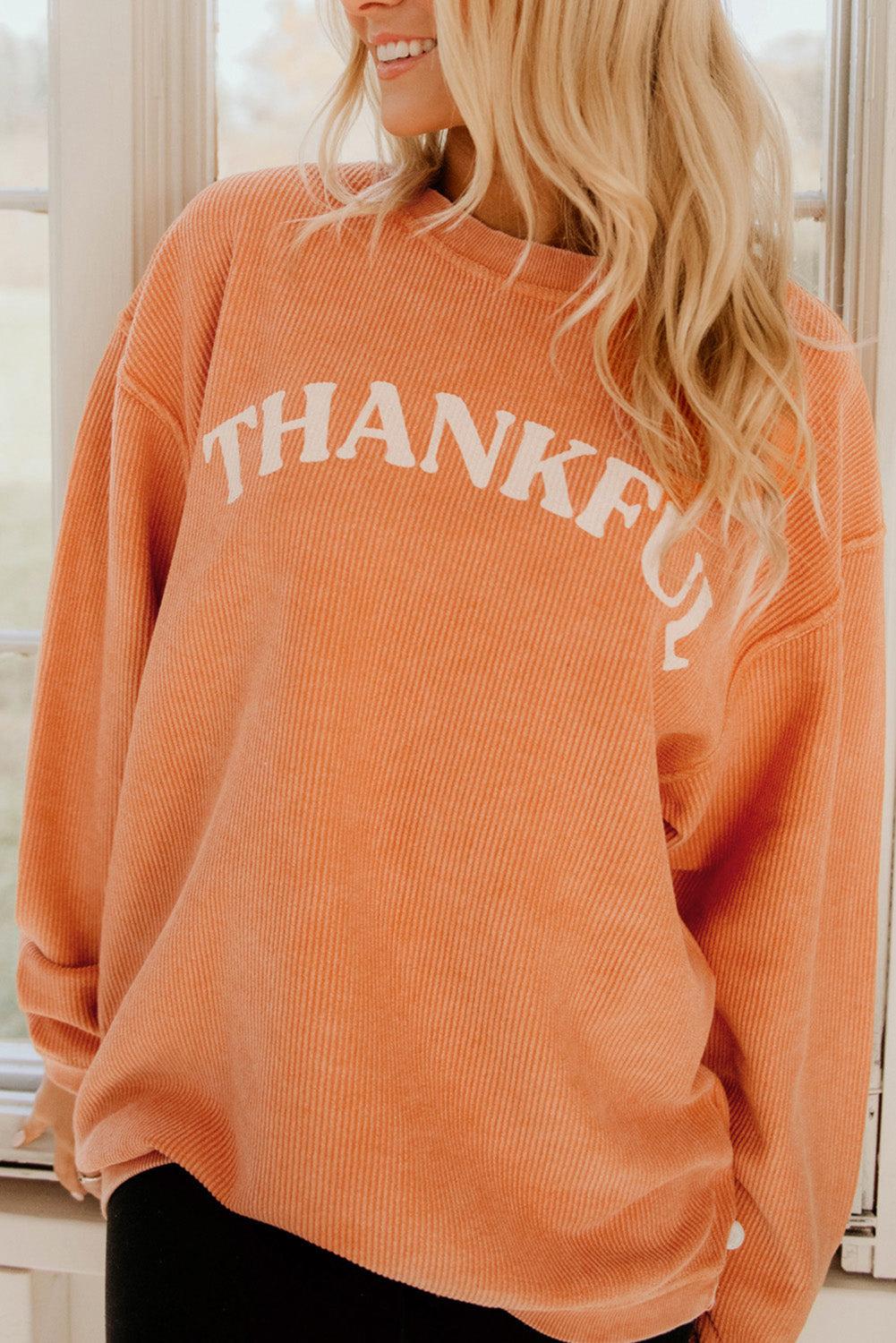 Orange THANKFUL Letter Graphic Corded Sweatshirt