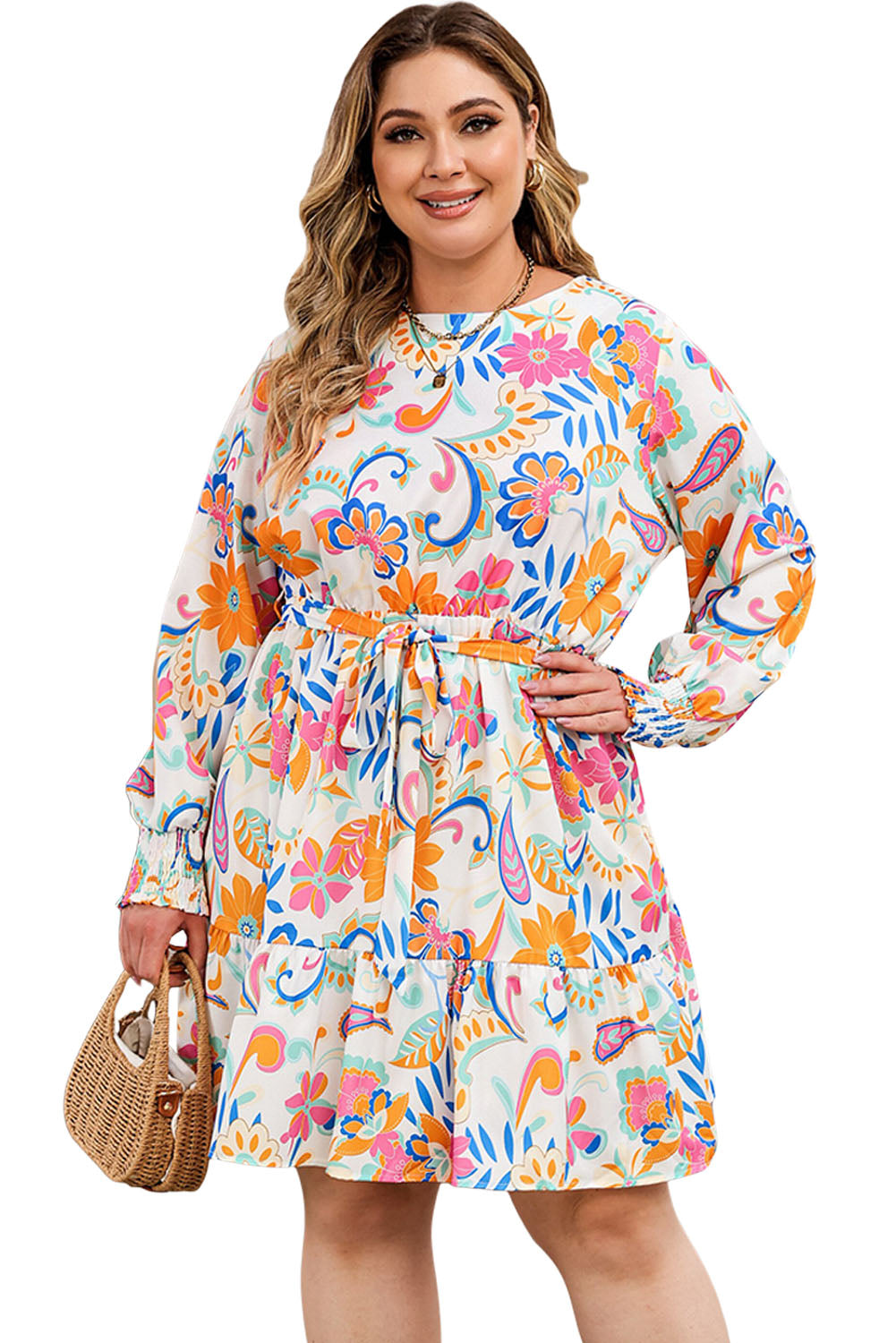 Paisley Floral Print Belted Plus Size Dress