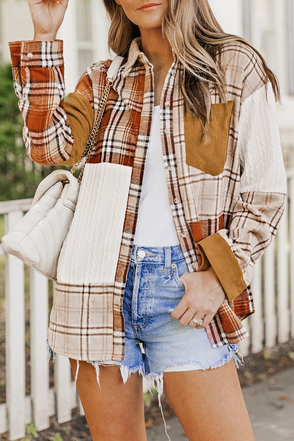 Brick Plus Size Plaid Patchwork Button up Shacket