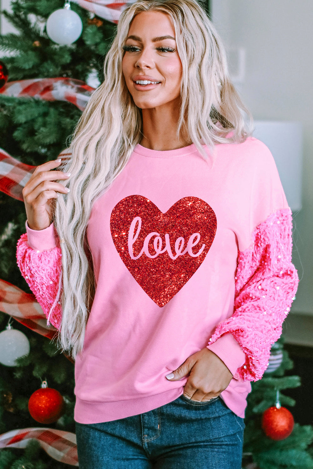 Pink Sequined Sleeves Plus Size Sweatshirt