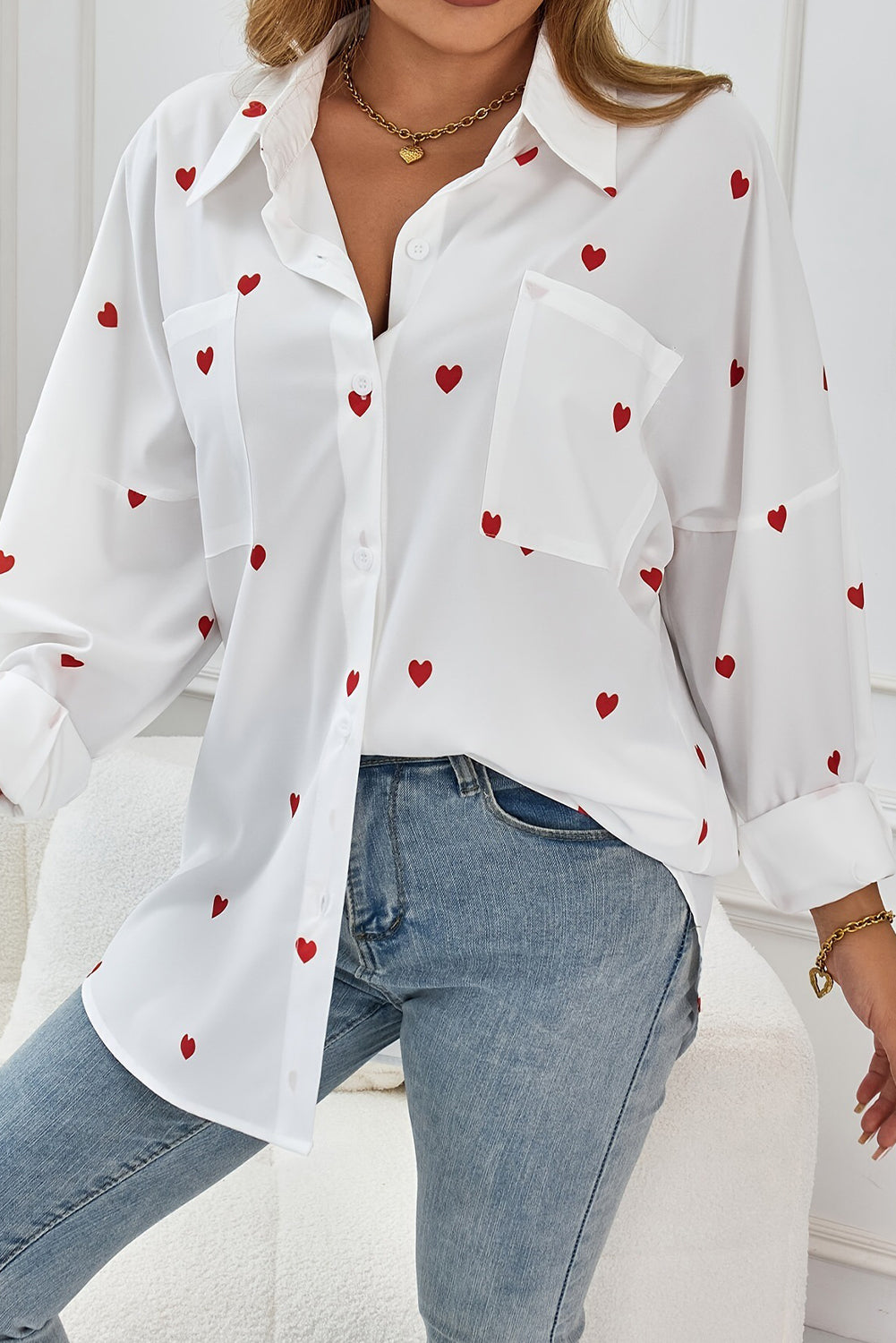 White Valentine Heart Print Button-Up Shirt