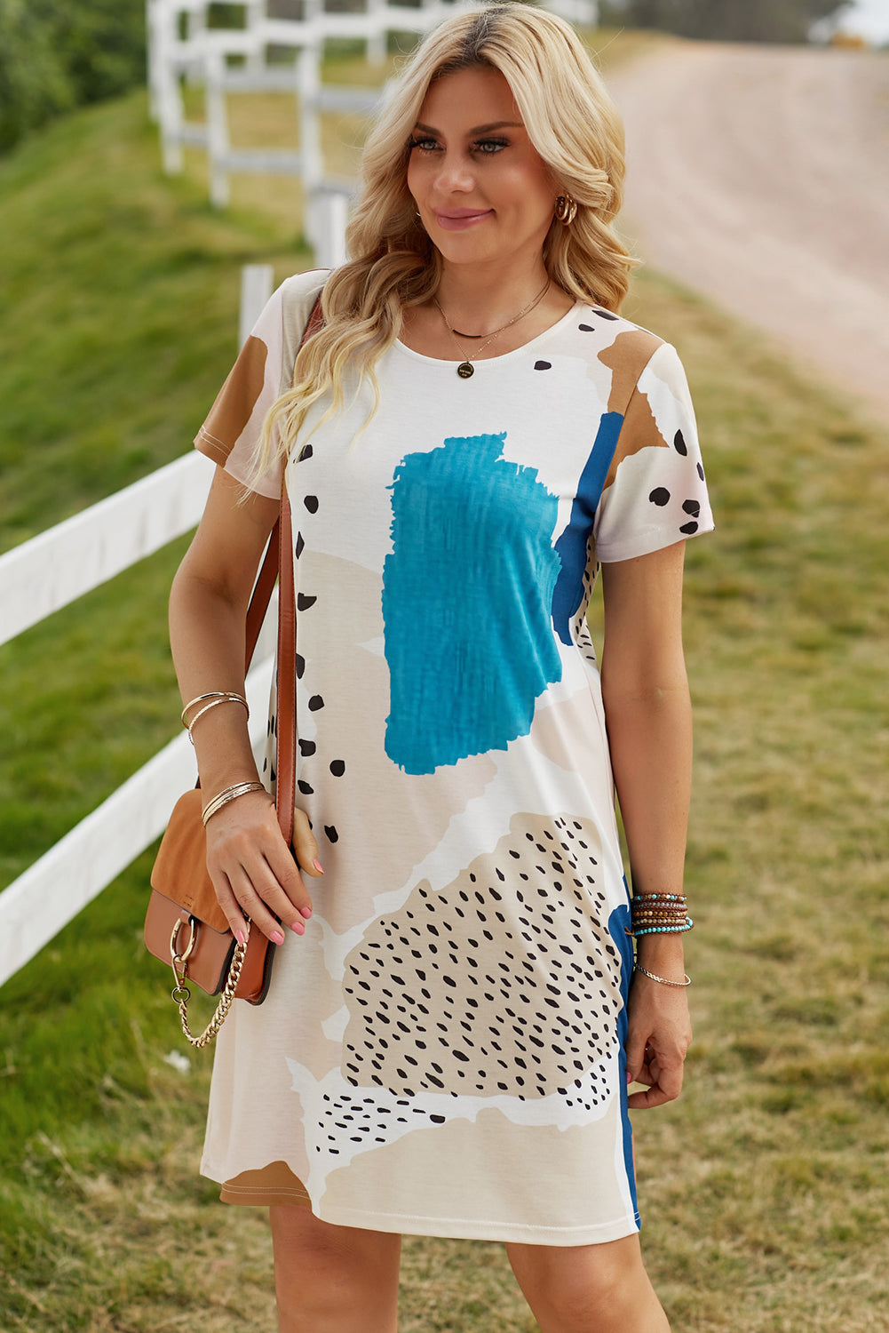 Light Blue Leopard Splicing Color Block Mini Dress