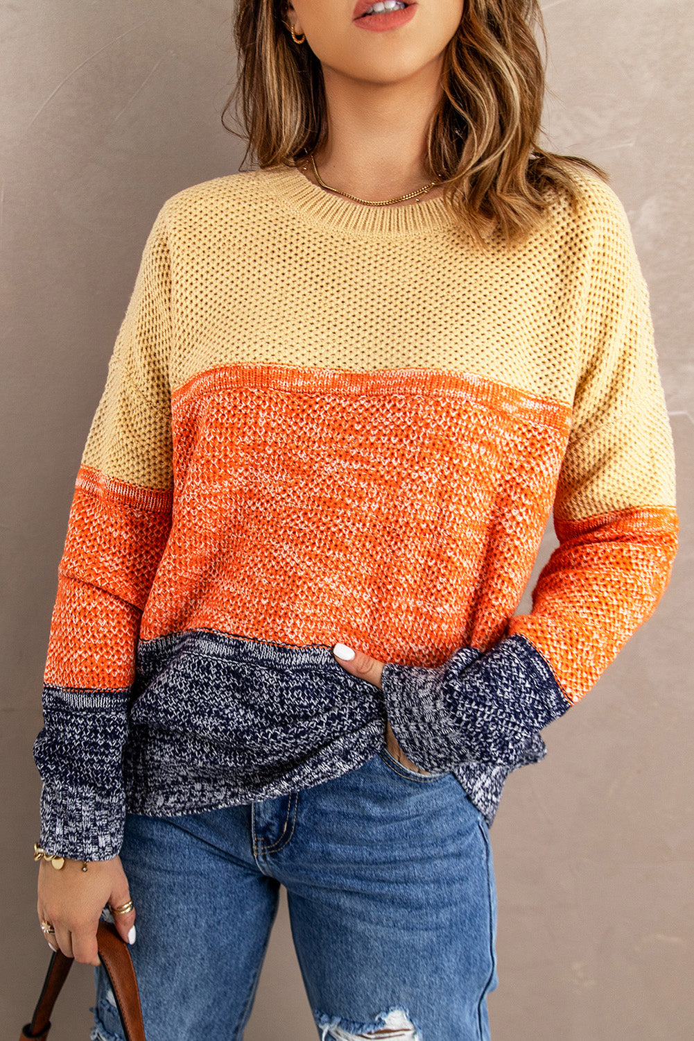 Color Block Netted Texture Pullover Sweater