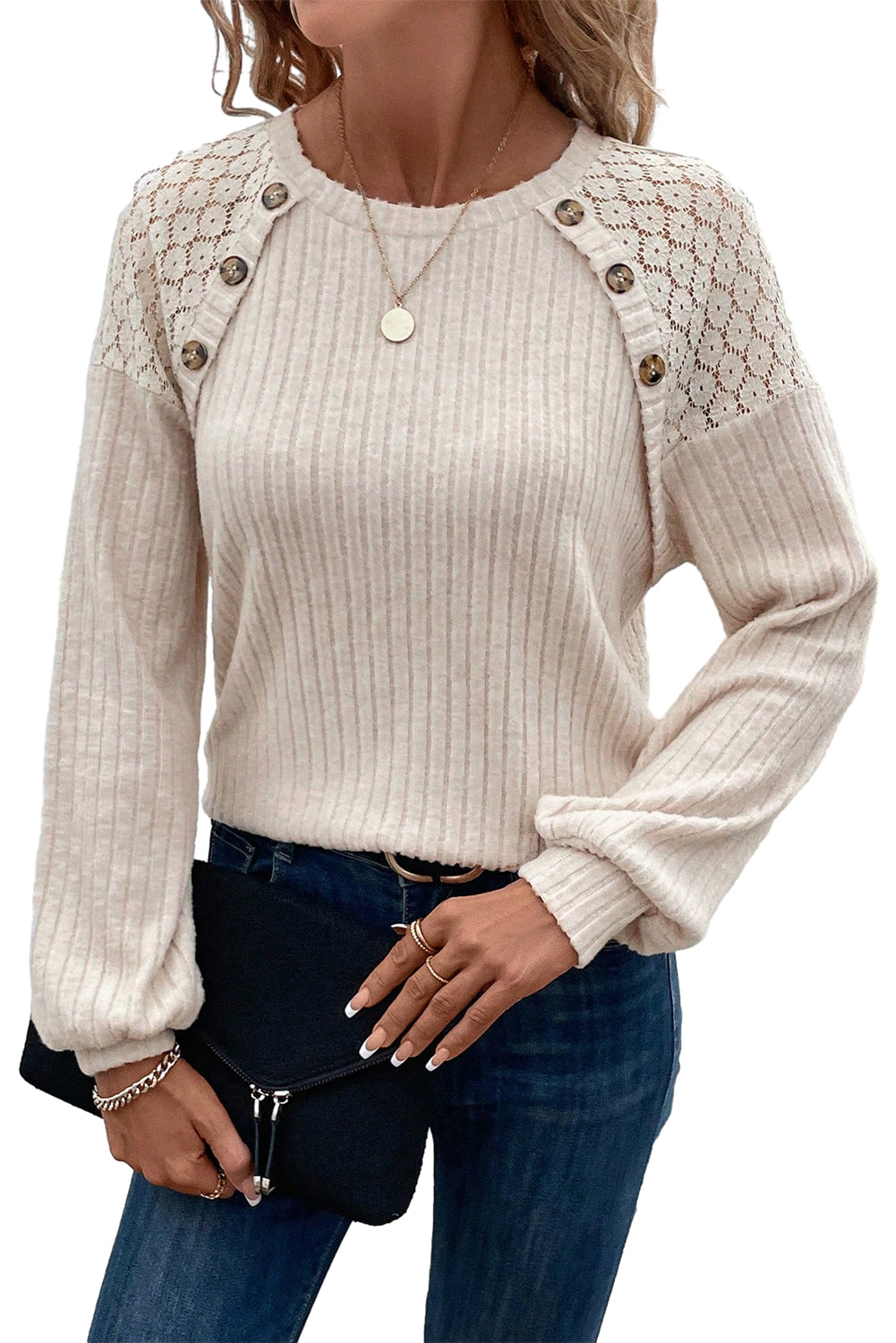 Contrast Lace Raglan Sleeve Buttoned Ribbed Top