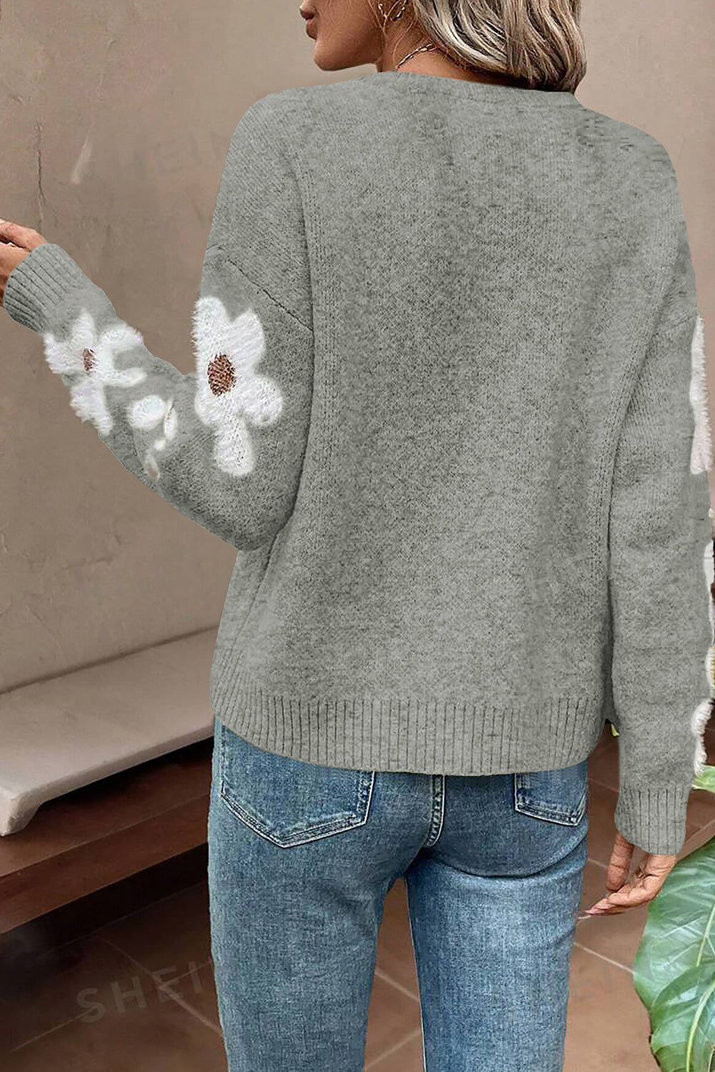 Flower Sleeve Drop Shoulder Sweater