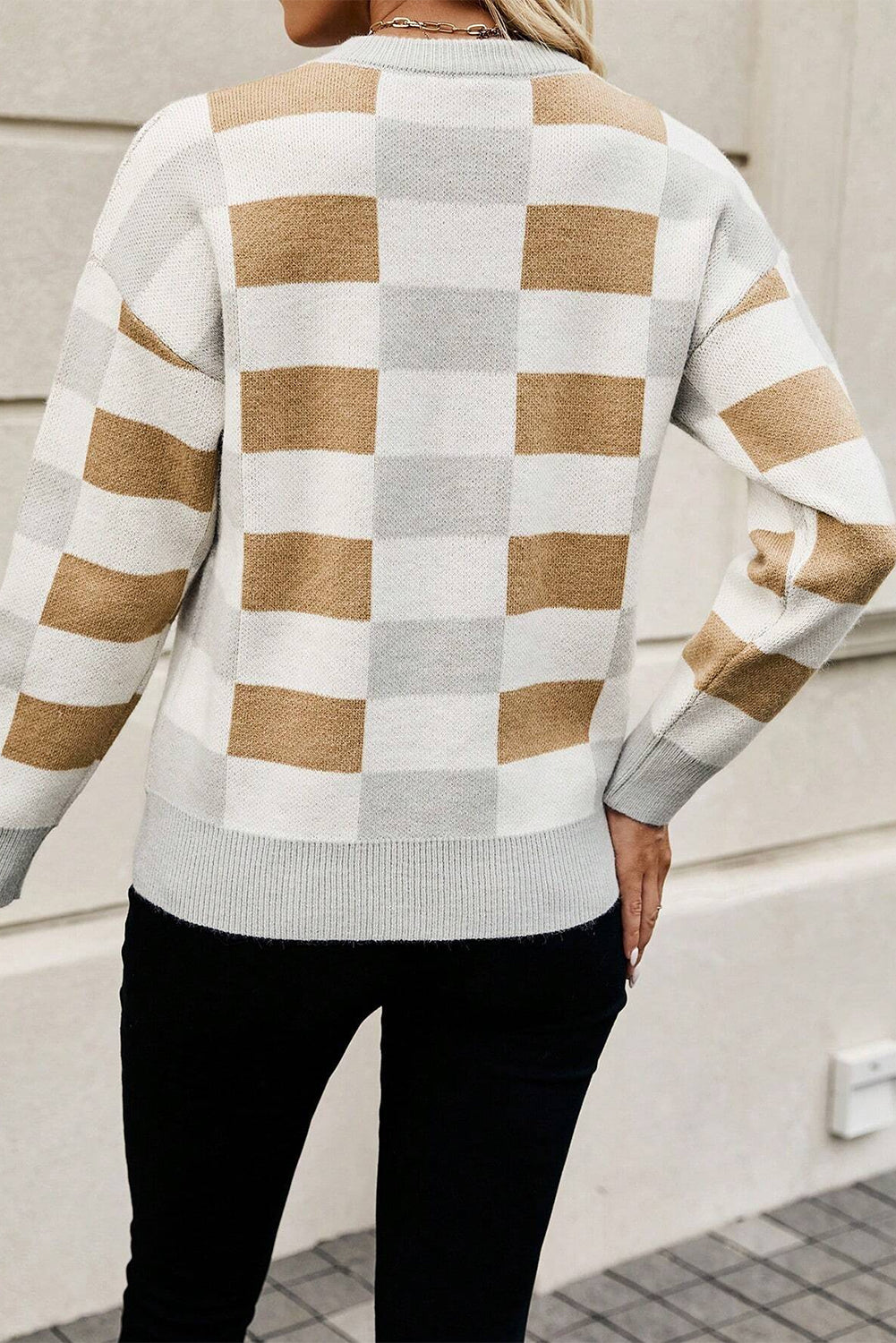 Checkered Crew Neck Drop Shoulder Knit Sweater