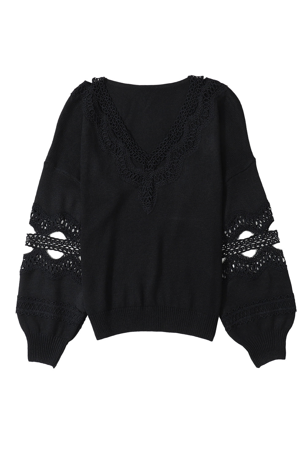 Gray Plus Size Hollowed Lace Splicing V Neck Sweater