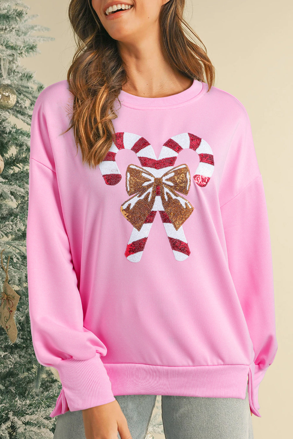 Pink Sequins Candy Cane Round Neck Sweatshirt