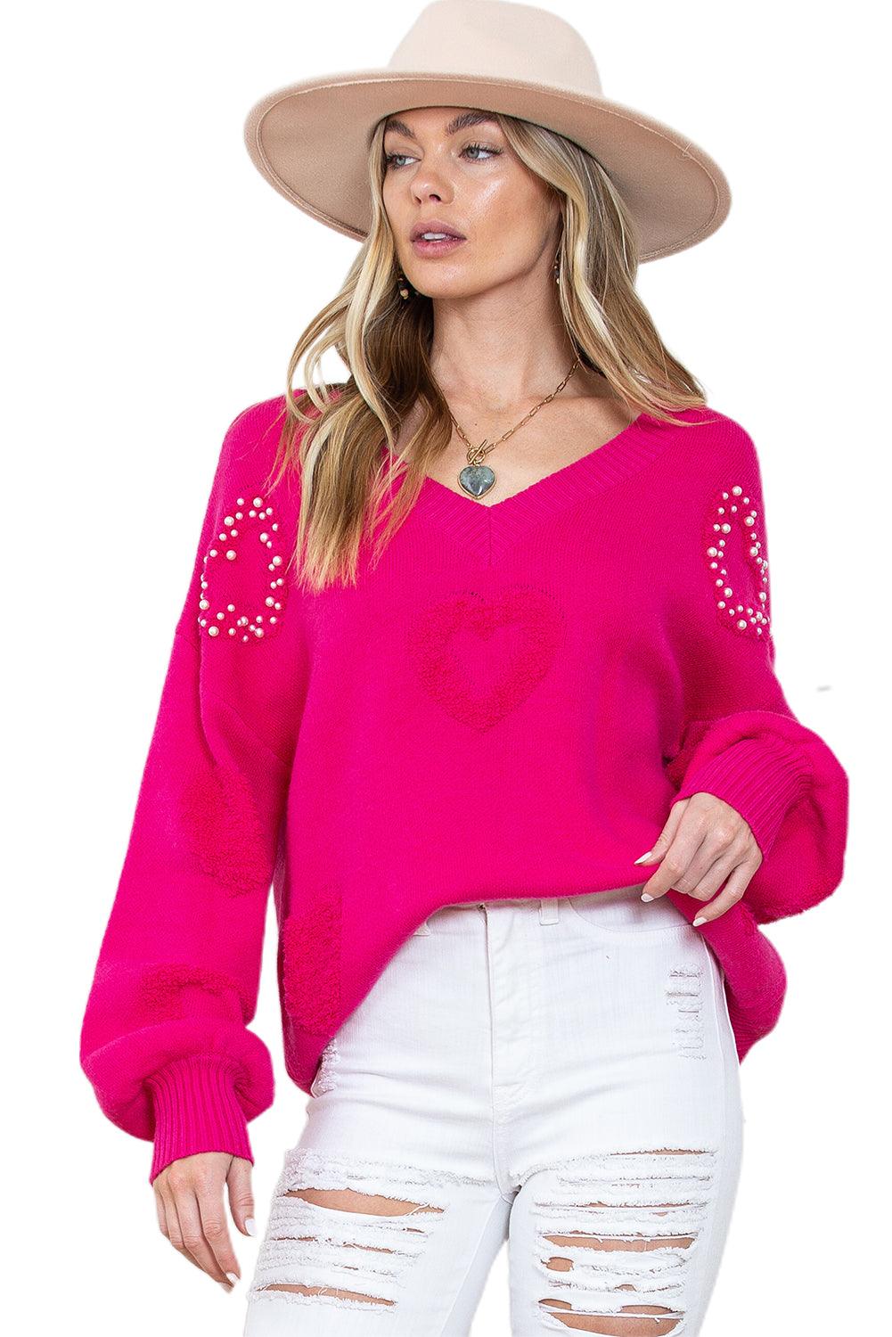 Rose Red Pearl Embellished Fuzzy Hearts V Neck Sweater