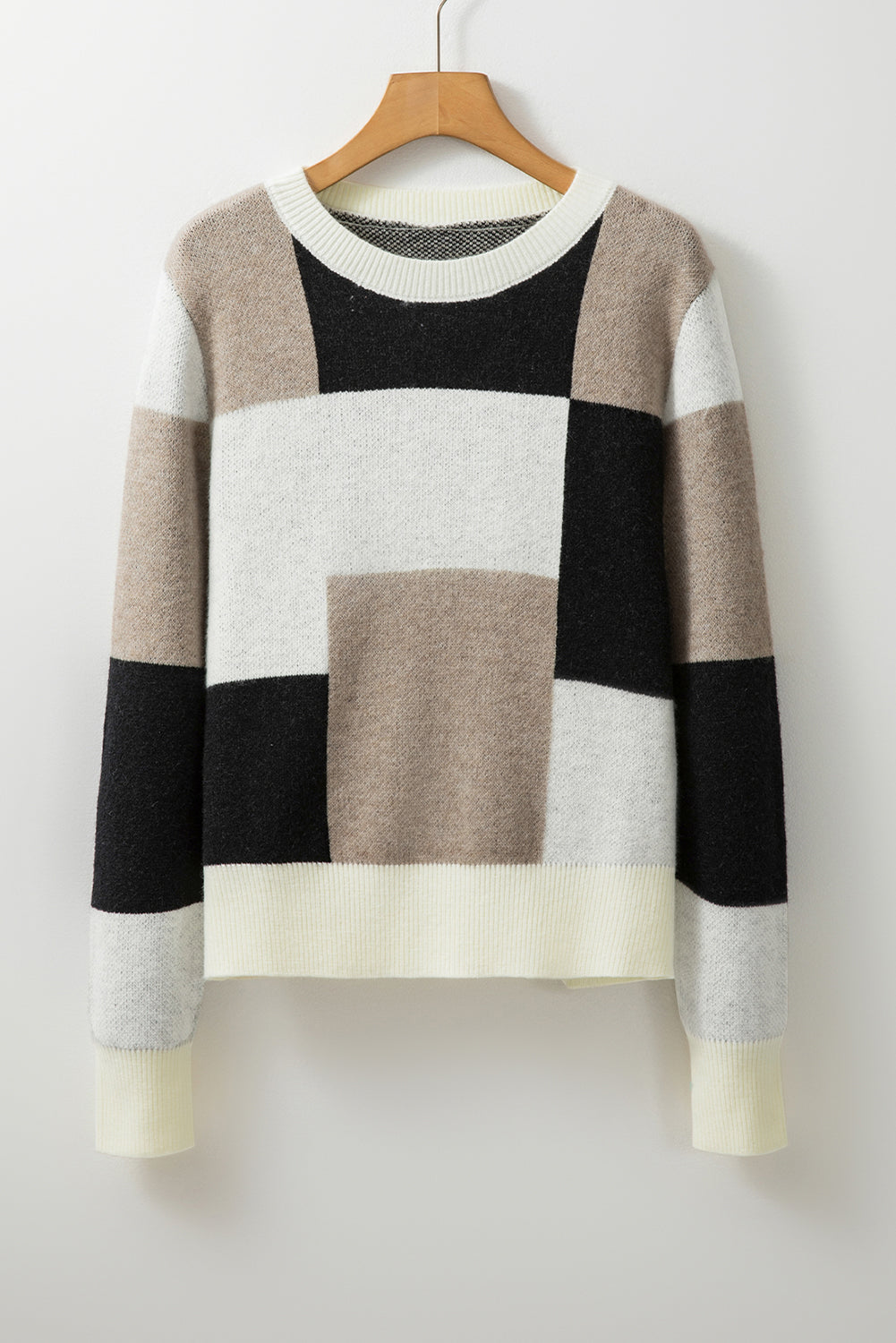 Checkered Colorblock Round Neck Knit Sweater