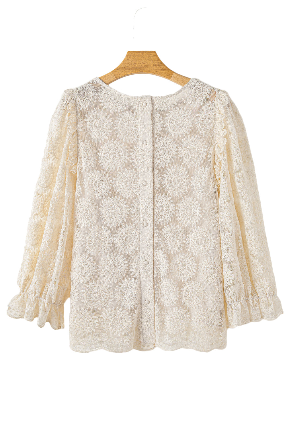 Flower Jacquard Button Back Ruffle 3/4 Sleeve Blouse