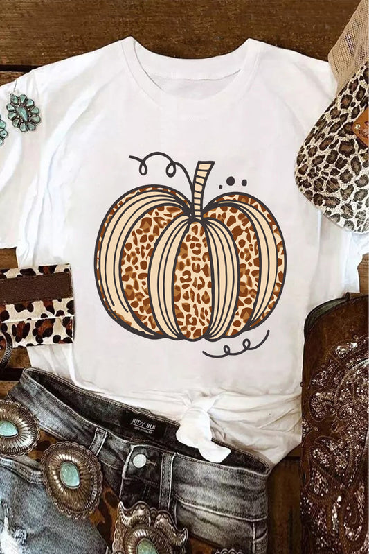 Halloween Leopard Pumpkin Graphic Crewneck T Shirt