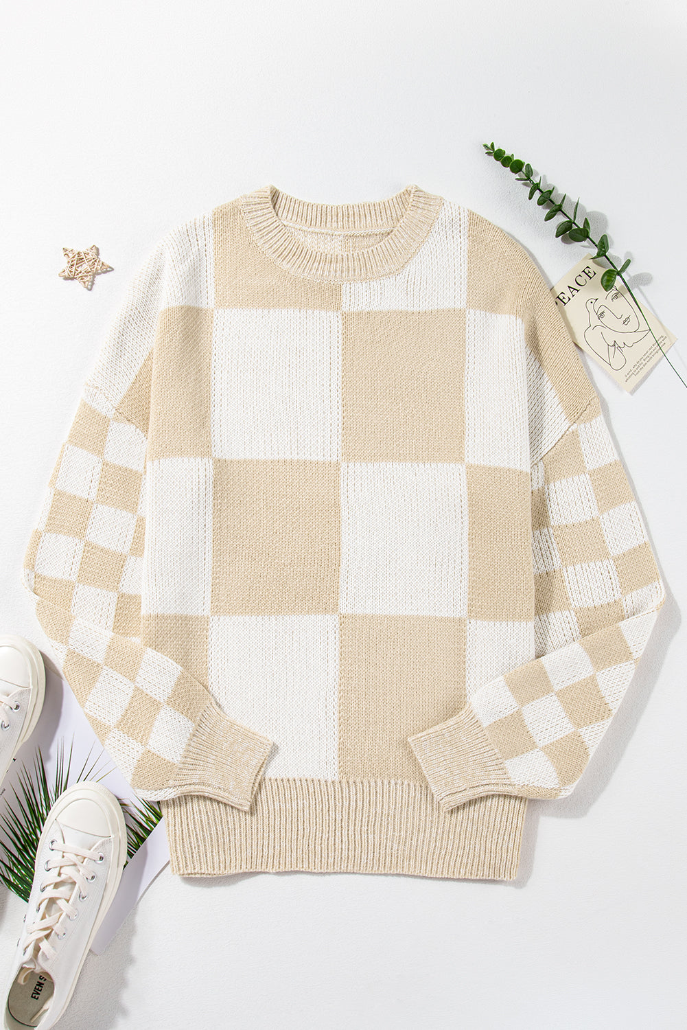 Plaid Knitted Drop Shoulder Sweater