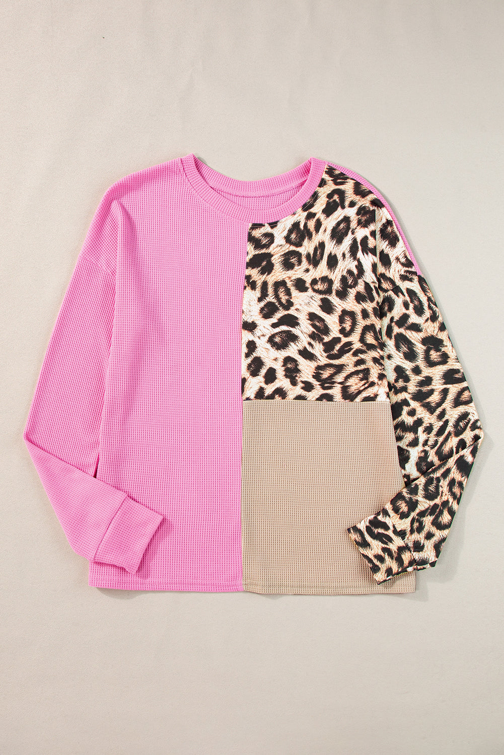 Casual Waffle Knit Leopard Contrast Long Sleeve Top