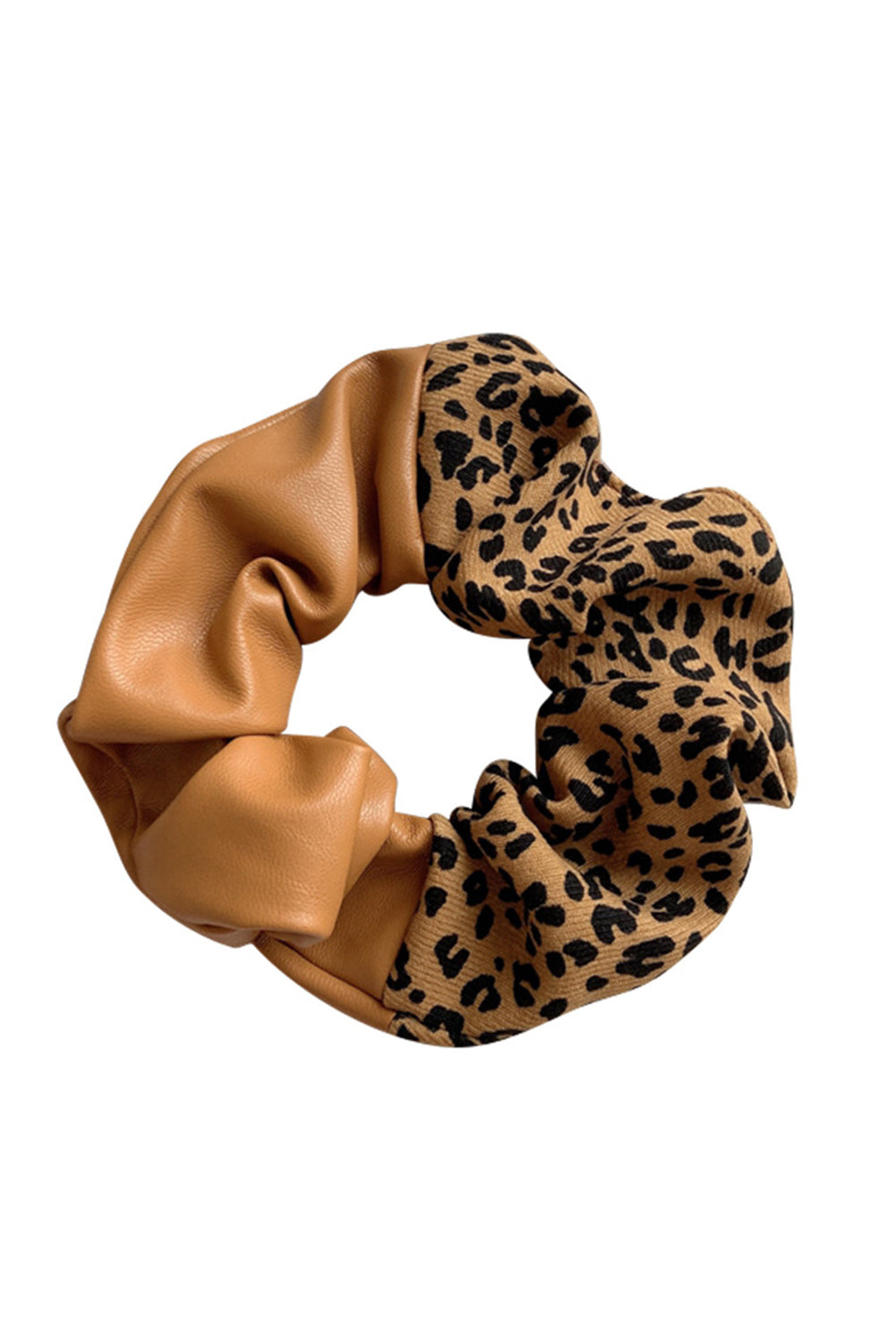 Brown PU Leather Leopard Patchwork Hair Tie