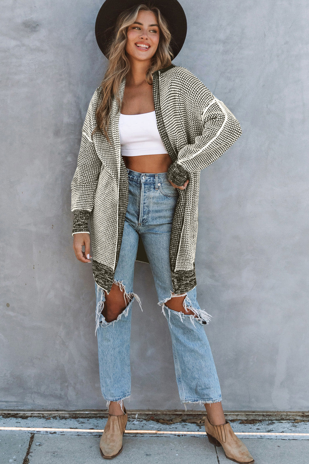 Plaid Casual Contrast Trim Knit Cardigan