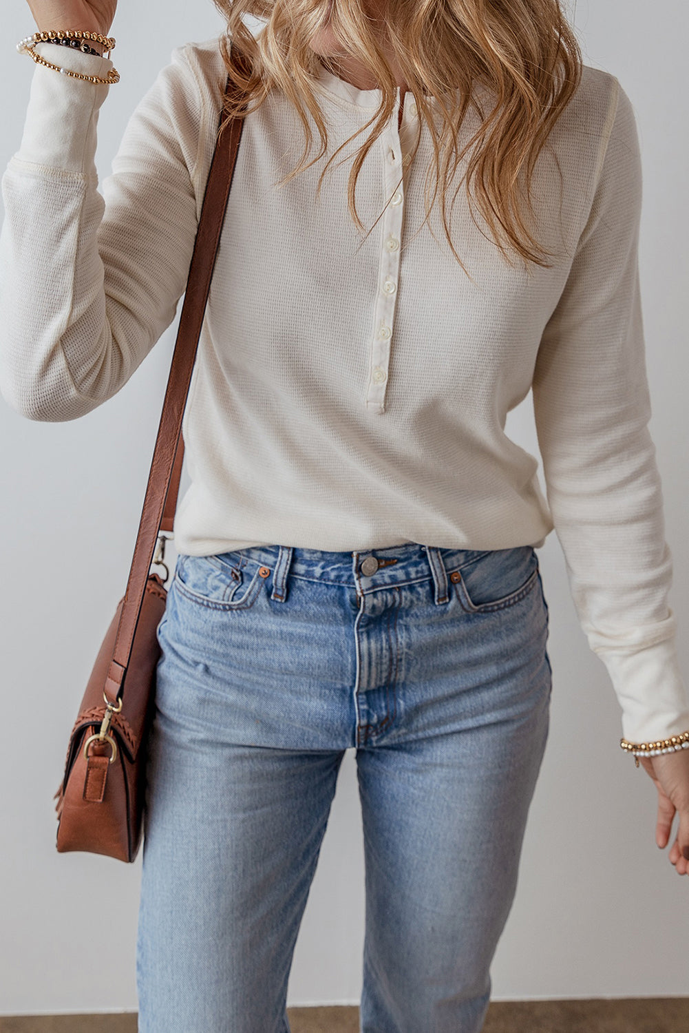 Solid Color Waffle Long Sleeve Henley Top