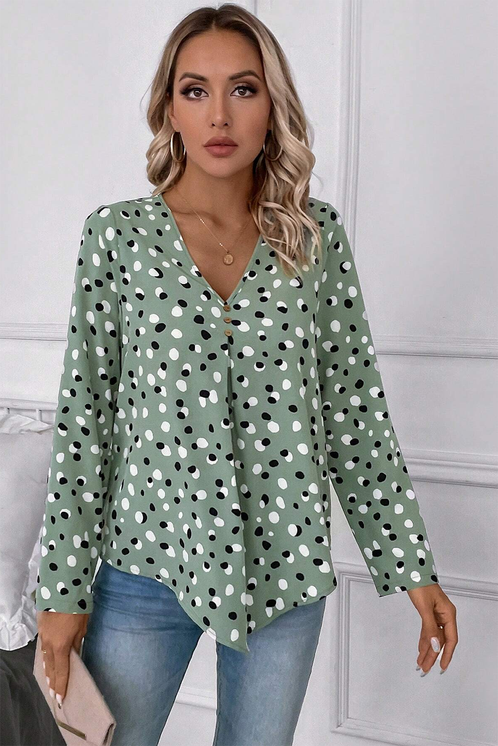 Dotted Print Button Front V Neck Blouse