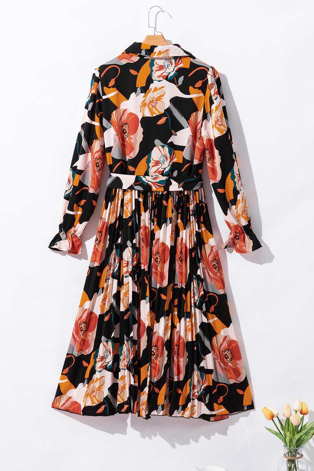 Floral Print Waist Tie Pleated Midi Shirt Dress