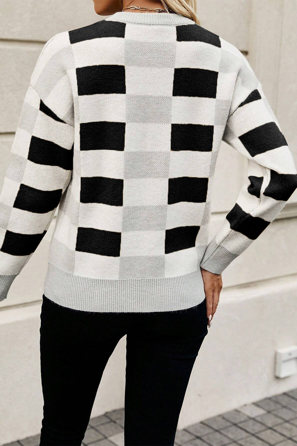 Checkered Crew Neck Drop Shoulder Knit Sweater