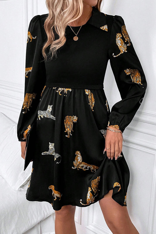 Vivid Leopard Print Long Sleeve Swing Dress