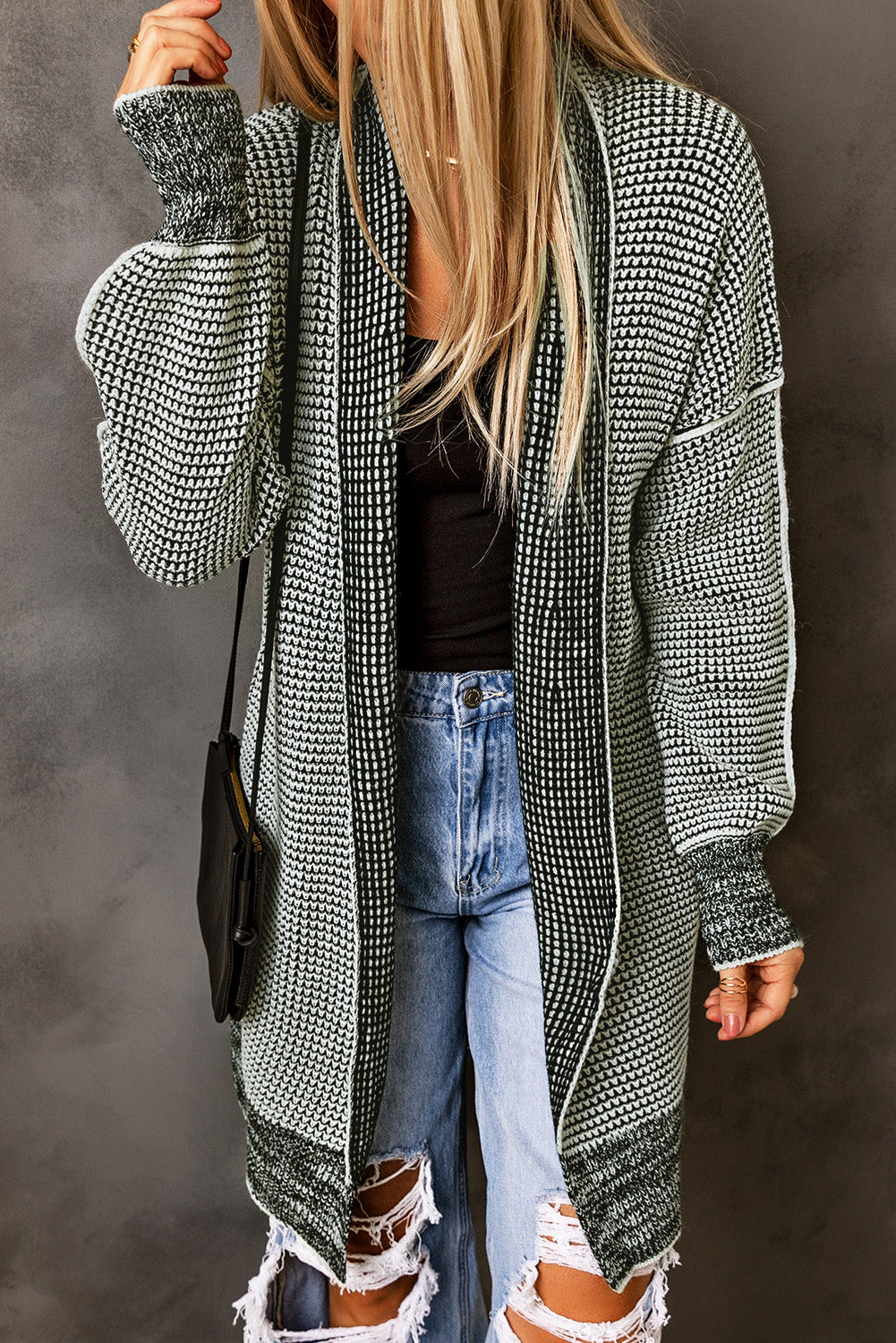 Plaid Casual Contrast Trim Knit Cardigan