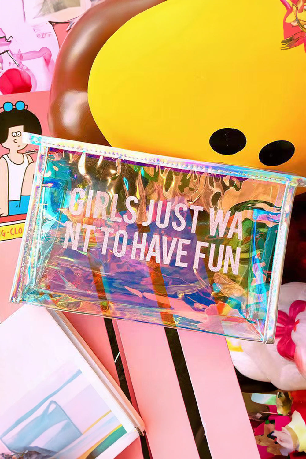 GIRLS JUST WANT TO HAVE FUN Print Clear Clutch