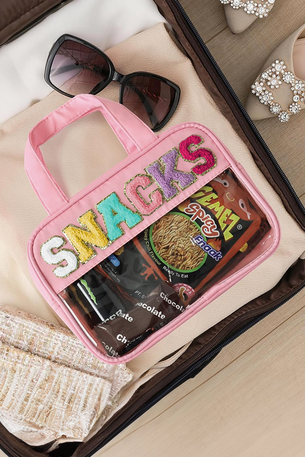 Pink SNACKS Clear PVC Double Layered Portable Makeup Bag